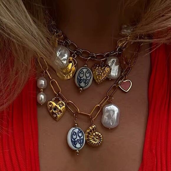 Stainless Steel Vintage Charm Necklace Gold Plated Choker Multi-charm Seashore - Picture 2 of 7